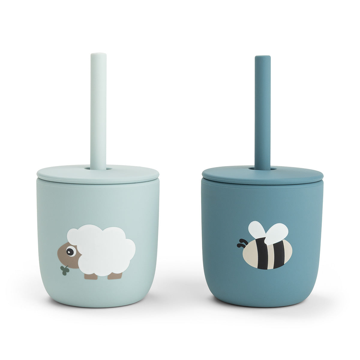 Strohhalmbecher aus Silikon 2-er Set Tiny farm Blau