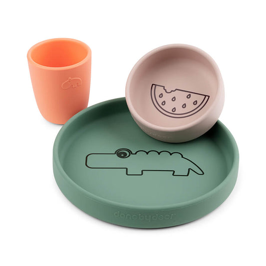 Silikon Geschirr-Set Croco Grün/Rosa/Korelle