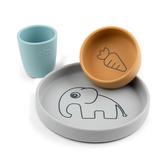 Silikon Geschirr-Set Elphee Grau/Senfgelb/Blau