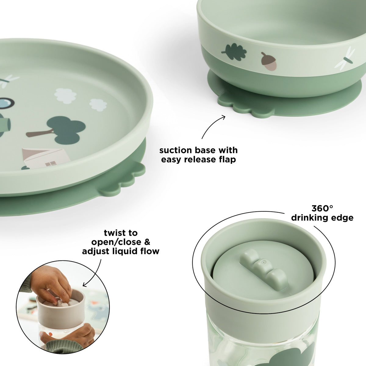 Foodie Dinnerset mit 360° Becher Tiny trails Grün