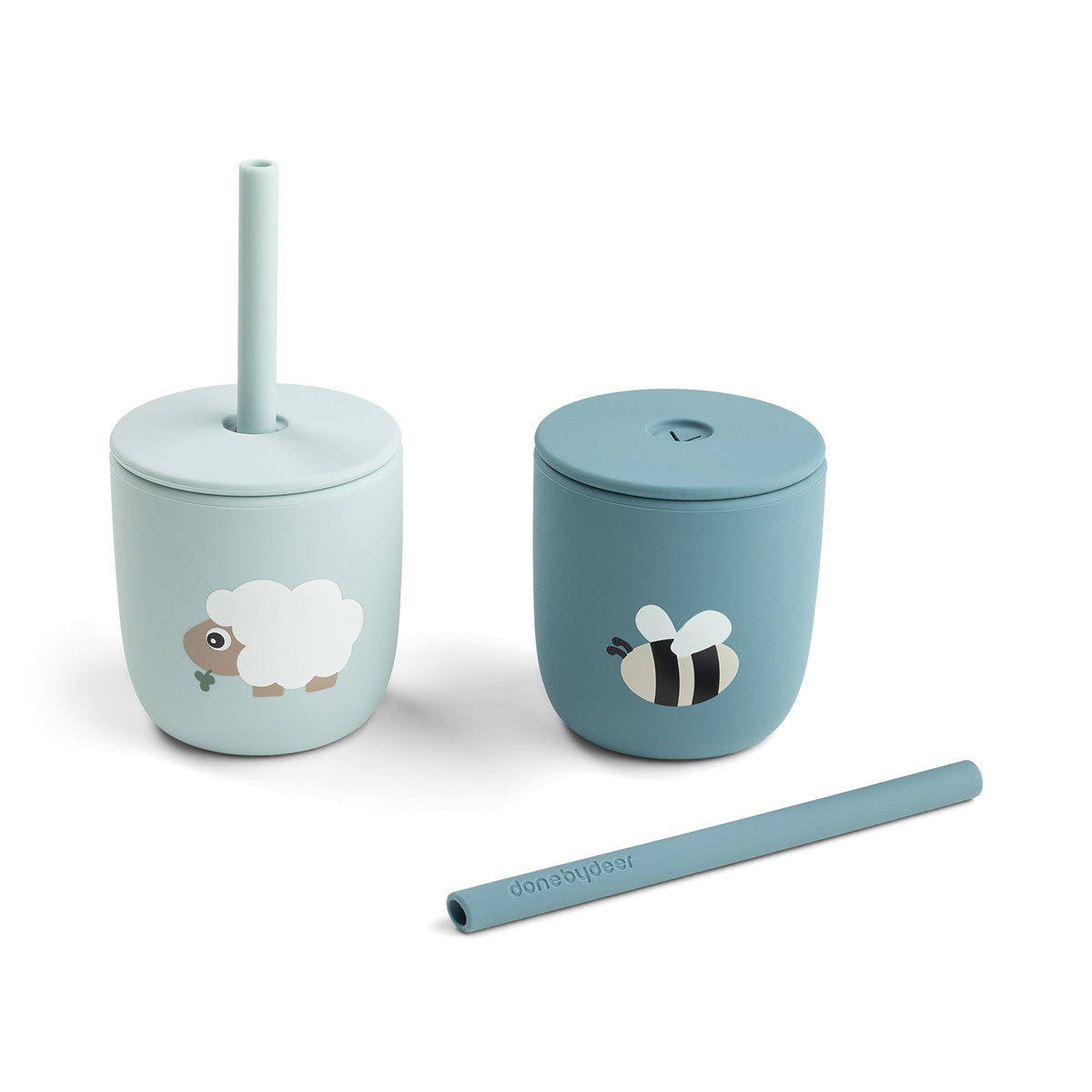 Strohhalmbecher aus Silikon 2-er Set Tiny farm Blau